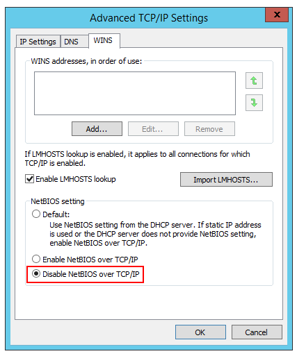 Advanced TCP/IP settings. WINS. Disable NetBIOS over TCP/IP.
