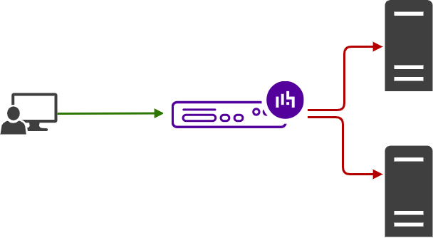 Network diagram of a client unsuccessfully connecting to two servers with a loadbalancer appliance updated